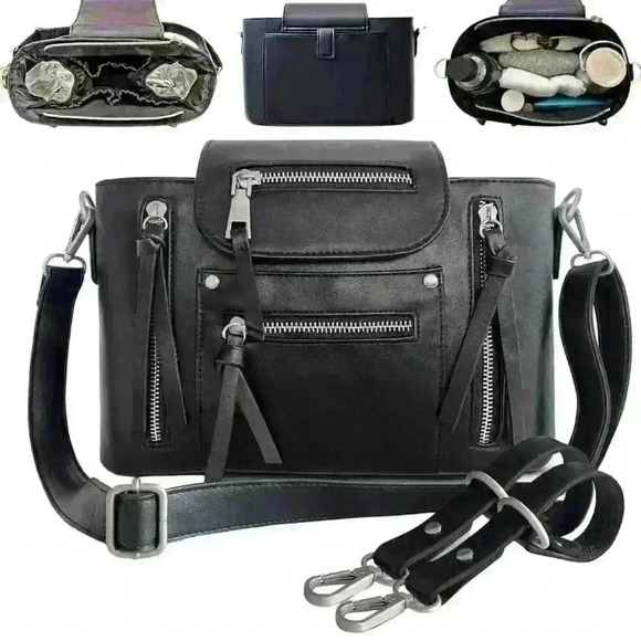 Back Leather Small Diaper Bag Crossbody Purse, Stylish Stroller Organizer Caddy - Picture 7 of 8